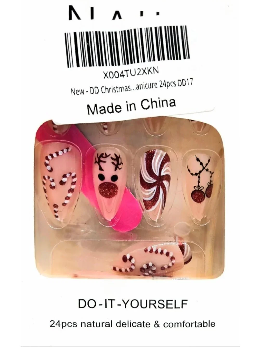24 Piece Finger Nail Mani Set Candy Cane Reindeer Ornaments Press On Nails